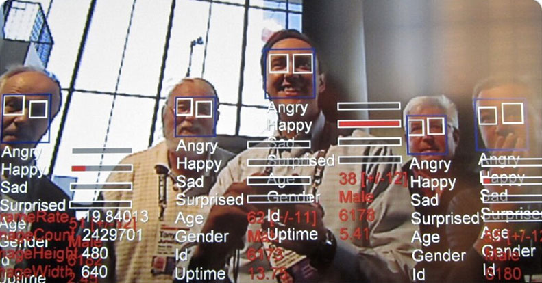 Artificial Emotional Intelligence being used to scan the emotions of a group of people