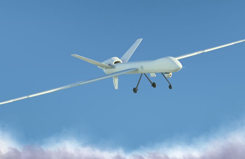 An Unmanned Aerial Vehicle (UAV) flying in a blue sky