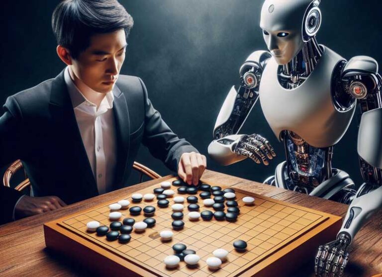 A humanoid robot playing a match of go against an asiatic person dressed in a black suit