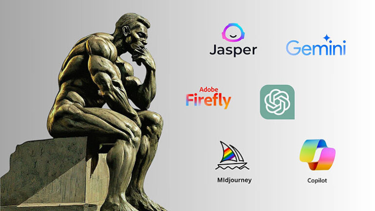 The Thinker Sculpture looking at AI tool logos