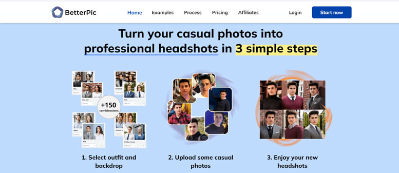 Screenshot of BetterPic Headshot Generator website