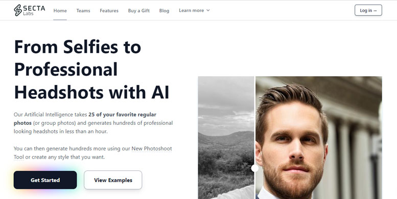 An screenshot of Secta Labs AI Headshot Generator website