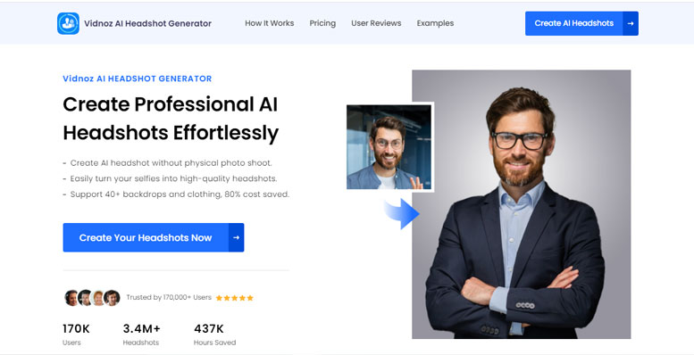 Screenshot of Vidnoz AI headshot generator website