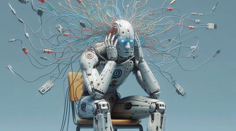 A humanoid robot sitting on a chair having an AI hallucination