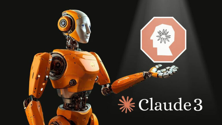 A humanoid robot presenting Claude 3 logo