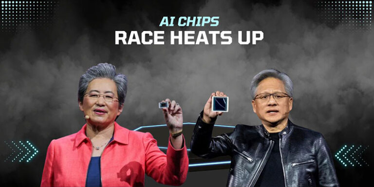 AMD and Nvidia CEO showing their AI chips