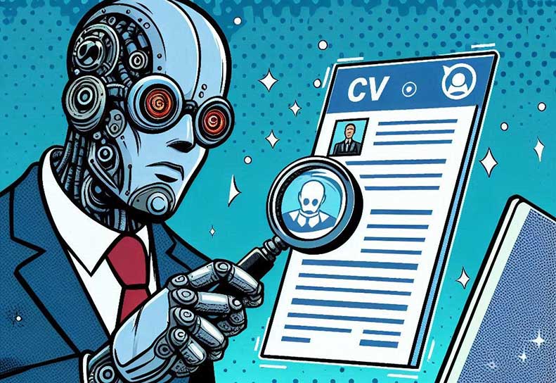 A robot checking a resume with a magnifying glass