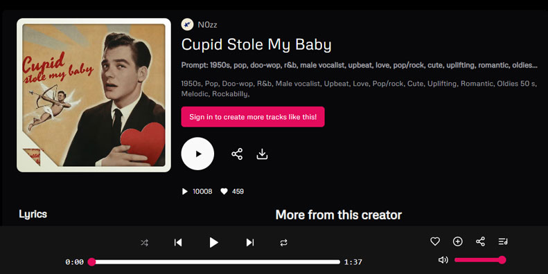 Udio ai tool generated song called Cupid Stole My Baby